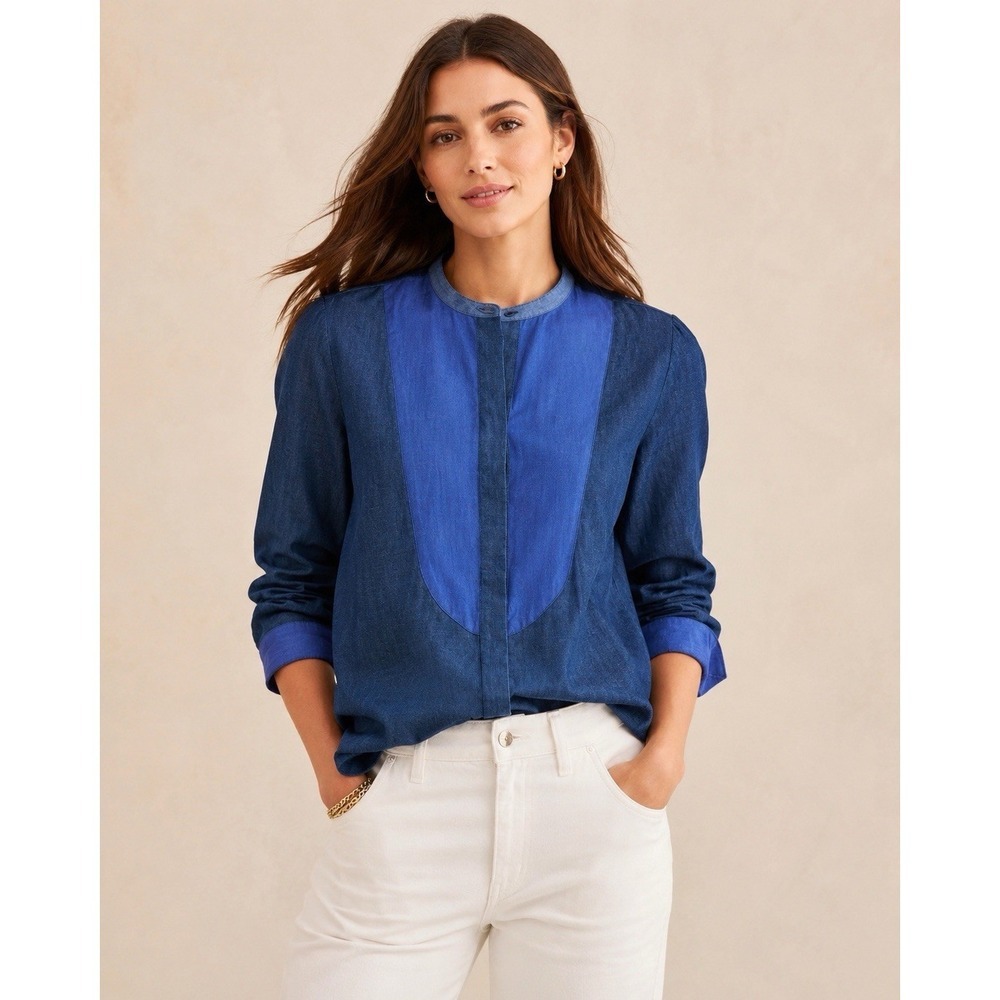 Ann Mashburn Tuxedo Bib Front Blouse Blue Linen Cotton. Sz XS - Picture 2 of 11
